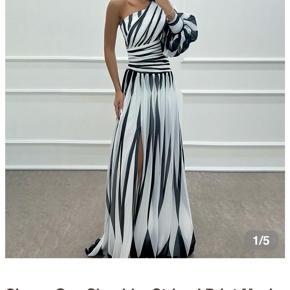 Elegant navy and White One-Shoulder Dress